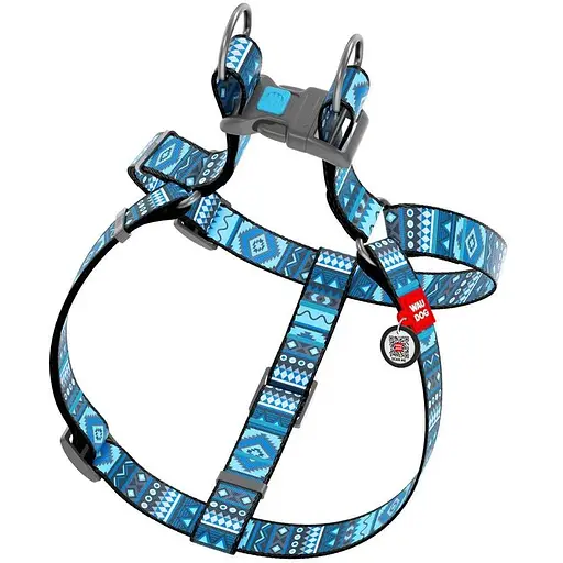 Шлейка для собак Waudog Nylon с QR паспортом, рисунок "Этно синий", пластиковый фастекс - фото 2