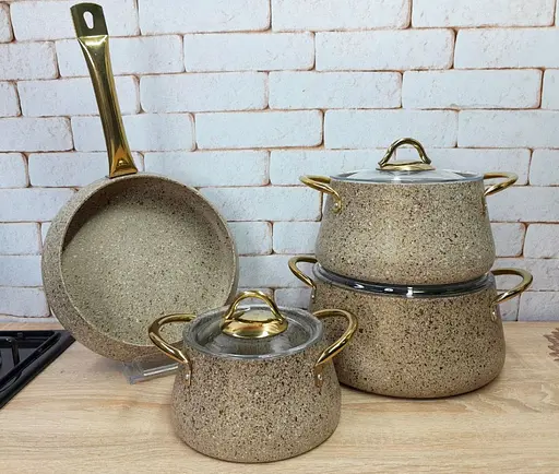 Набір кастрюль O.M.S. Collection 3041 з гранітно-мармуровим покриттям Пісочний (Туреччина) - фото 3