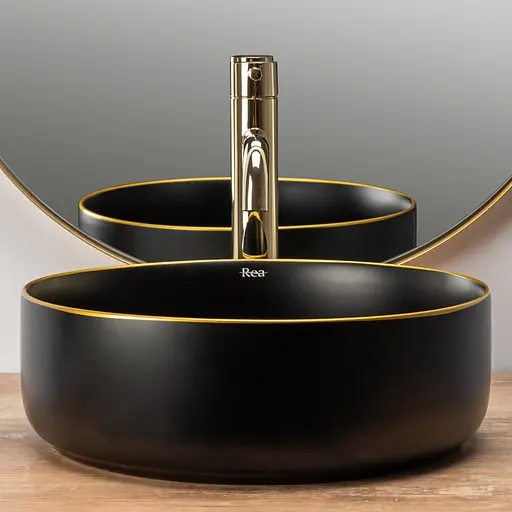 Умивальник Rea Sami black mat gold edge чорний REA-U0595, Чорний матовий - фото 3