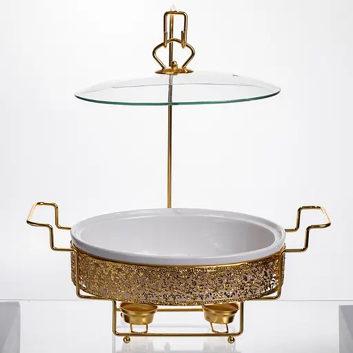 Мармитница настольная фарфоровая 2.5 литра мармит круглый на подставке Белый с золотом Yiwu YL-76 - фото 4