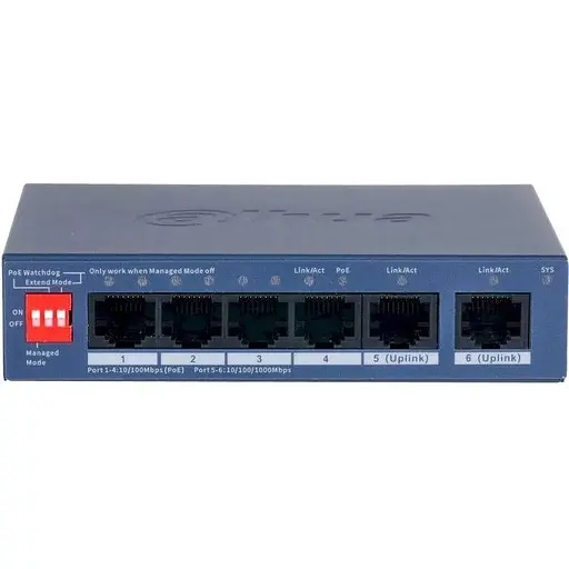 Коммутатор Dahua PoE DH-CS4006-4ET2GT-36 4x10/100 PoE 2хRJ45 Uplink 115х85х195 мм Black - фото 1