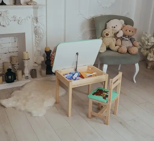 Дитячий письмовий столик та стільчик (з ящиком) для малювання та навчання (Зелений) Олень - фото 3