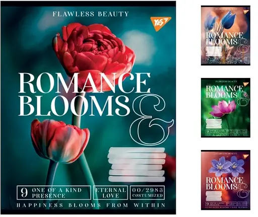 Зошити учнівські 18 аркушів клітинка Yes Romance blooms, 25 шт. в упаковці