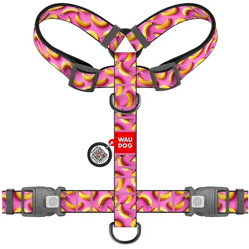 Шлея для собак Waudog Nylon анатомічна H-подібна з QR-паспортом, малюнок "Банани на рожевому", пластиковий фастекс, XL - фото 2