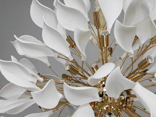 Большая подвесная люстра с фарфоровыми элементами, 40 ламп, золото. - фото 4