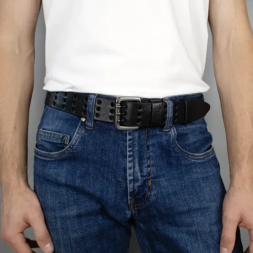 Ремінь чоловічий шкіряний широкий JK-4027 чорний з трьома язичками (125 см) - фото 5