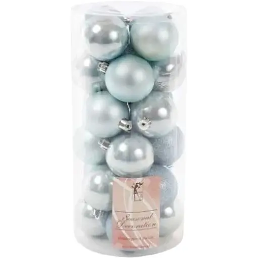 Набір святкових ялинкових куль діаметром 6 см колір блакитний 24 шт глянцеві гліттер та матові - фото 1