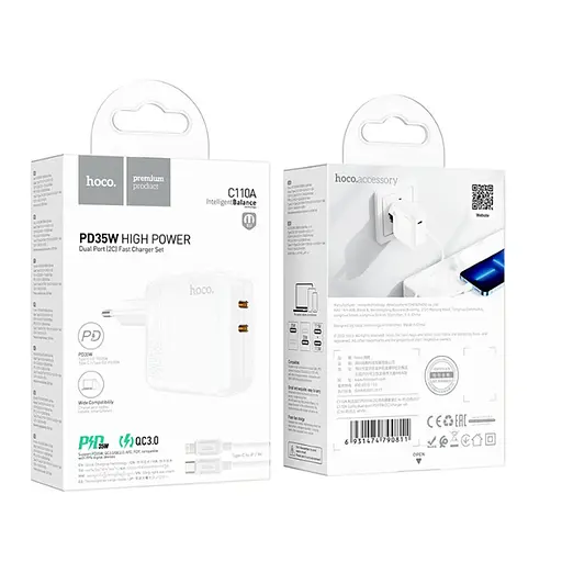 Зарядний пристрій Hoco C110A Lucky 35 Вт 2 виходи спідн-с + кабель Type-C Lightning - фото 8