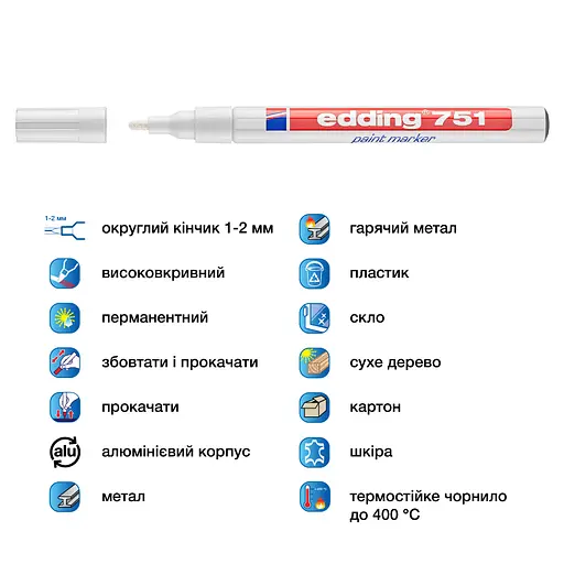 Маркер Edding Paint e-751 1-2 мм круглый белый (e-751/49) - фото 4