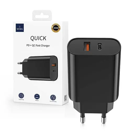 Мережевий зарядний пристрій Wiwu Wi-U002 PD QC charger set with EU plug USB to Type C Чорний - фото 2