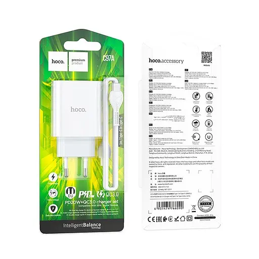 Блок зарядное устройство Hoco C97A на 2 порта 1 USB + 1Type-C 20 W с кабелем Type-C to Type-C - фото 3