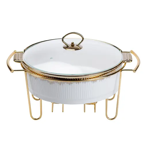 Мармит круглый 3 литра настольный с 2 подогревами для блюд керамический на металлической подставке с крышкой Белый с золотым - фото 2