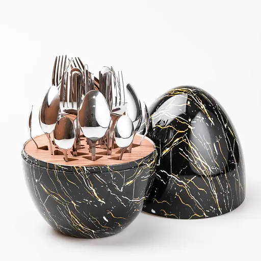 Набор столовых приборов TS Kitchen Черный мрамор на 6 персон из нержавеющей стали серебристые 24 штуки в яйце - фото 3