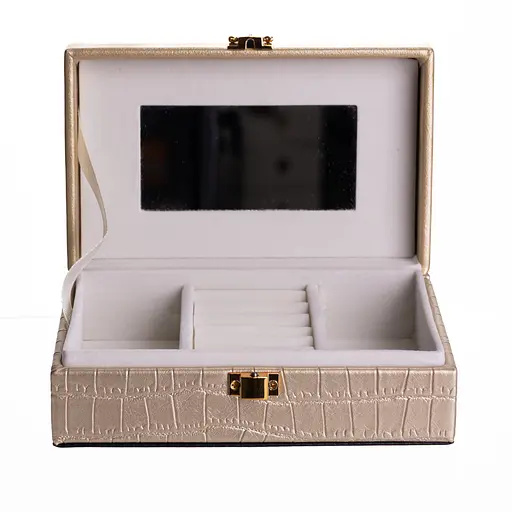 Скринька для прикрас з екошкіри 3 відділення з дзеркалом 16×10×6 см органайзер для прикрас Золотистий Yiwu HP-5-18GOLD - фото 4