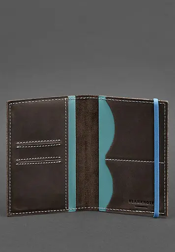 Кожаная обложка для паспорта 2.0 темно-коричневая с бирюзовым. - фото 3