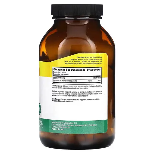 Гліцинат магнію Country Life Chelated Magnesium Glycinate 400 mg, 180 таблеток для підтримки серця та м'язів - фото 2