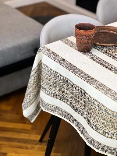 Лляна скатертина різдвяна з українським орнаментом "Рандеву коричневий" - 260х150 см - фото 9