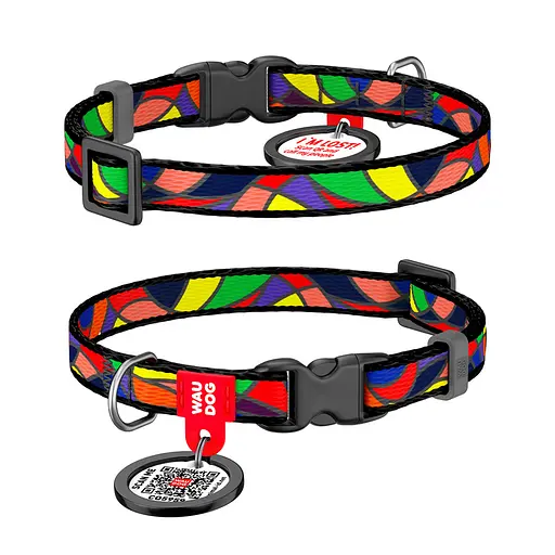 Ошейник для собак нейлоновый Waudog Nylon с QR-паспортом "Витраж" пластиковый фастекс Ш 10 мм Д 20-30 см