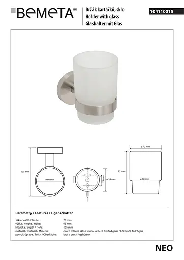 Склянка з тримачем Bemeta Neo нержавіюча сталь 104110015 білий - фото 2
