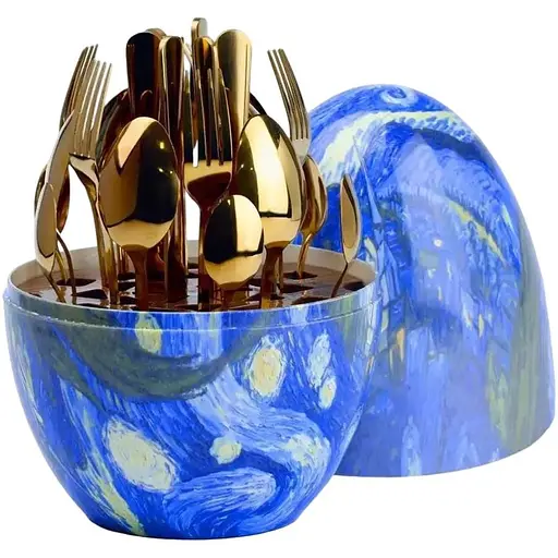 Набор столовых приборов TS Kitchen Ван Гог на 6 персон из нержавеющей стали Золотой 24 штуки в яйце - фото 1