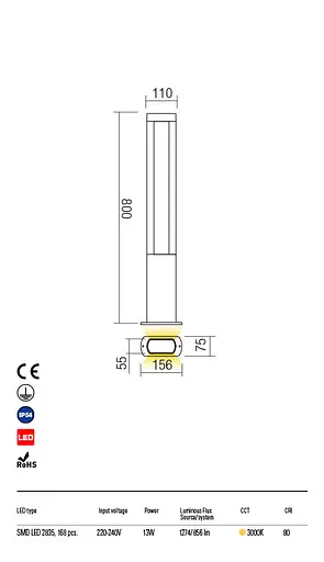 Стовпчик DOLMEN ST H80 LED SMD 13W IP54 DG 3000K(4.1.2) Redo 90125 - фото 3