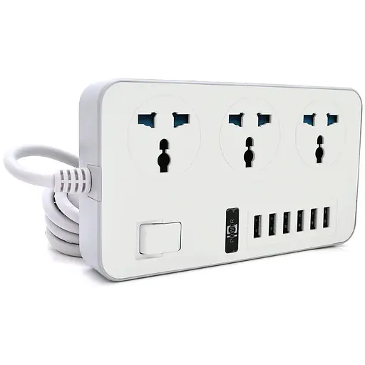 Мережевий фільтр ТВ-Т09, 3 розетки + 6 USB, 2 м, перетин 3х0,75мм, 3000W, White-grey, Box