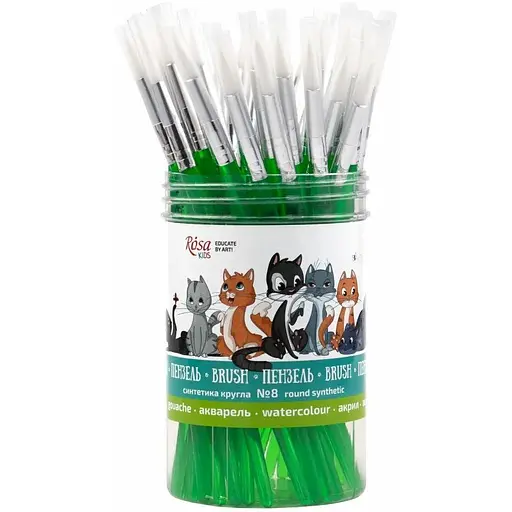 Синтетика кругла №8 тубус 40 шт зелена ручка пензель Rosa Kids
