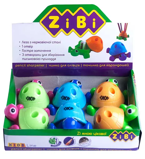 Чинка Черепашка, с контейнером, 1 отверстие, 6 шт. в дисплее (В ассортименте)