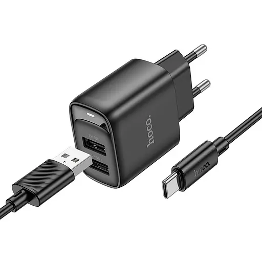 Сетевое зарядное устройство с кабелем Hoco C141A Smart dual-port charger set(Type-C) черный - фото 1