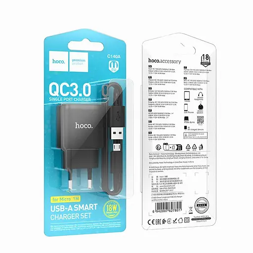 Мережевий зарядний пристрій Hoco C140A QC3.0 18 Вт з кабелем Micro-USB чорний - фото 2