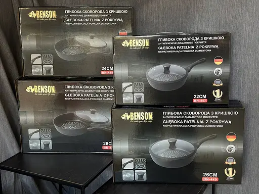 Глубокая сковорода с крышкой Benson BN-448 ⌀ 24см 2,4л алмазное антипригарное покрытие Черная - фото 10