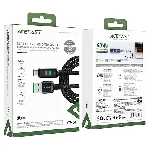 Кабель ACEFAST C7-04 USB to Type-C 3A, 1.2m, nylon, zinc connectors, LED, Black - фото 2