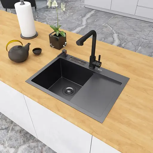 Чорна кухонна мийка Nett NB-6045(R) накладна з правим крилом 1.5 мм - фото 4