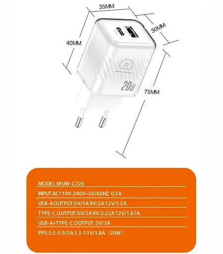 Зарядное устройство WUW 20 Вт адаптер блок питания WUW C226 QC3.0 USB Type-C Белый - фото 4