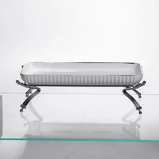 Фарфоровое сервировочное блюдо на металлической подставке 29.5×12×9 (см) блюдо для подачи закусок Белый с серебром Yiwu LB-1565S - фото 2