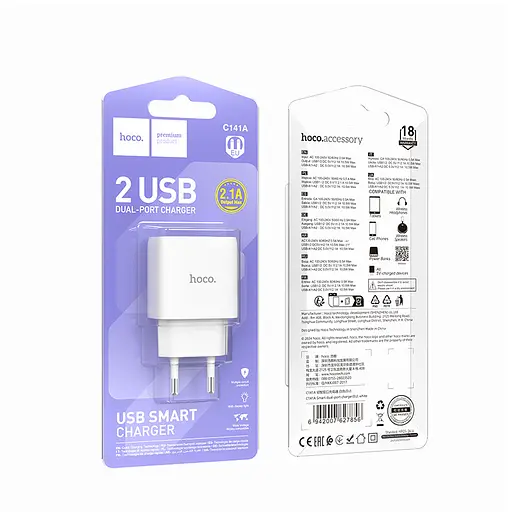 Сетевое зарядное устройство Hoco C141A Smart dual-port charger(EU) Белый - фото 2