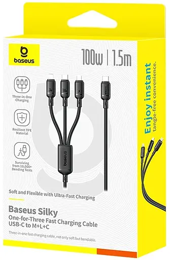 Кабель 3 в 1 Baseus Silky One-for-Three Fast Charging Cable USB-C to M+L+C 100W 1.5 м Черный - фото 2