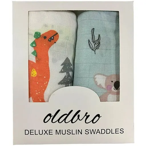 Набор муслиновых детских пеленальных одеял OldBro комплект из 2 шт. размер 100х120 см динозавр/коала - фото 1
