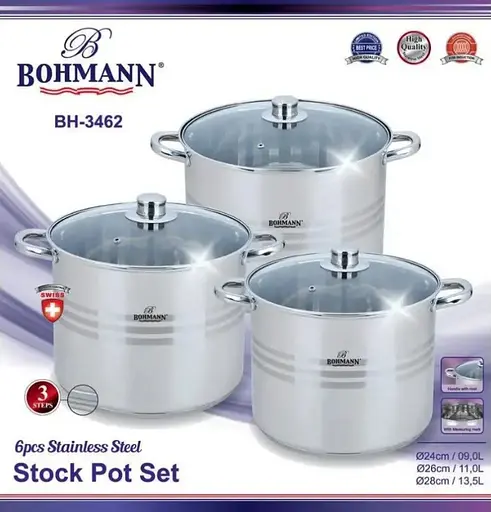Універсальний набір каструль з кришками Bohmann BH-3462 6 предметів 3 каструлі з нержавіючої сталі - фото 3