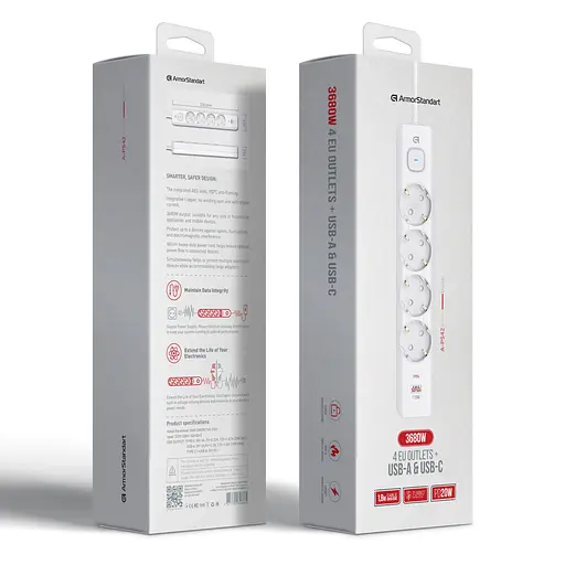 Мережевий фільтр-подовжувач ArmorStandart A-PS42 1.8m 4 розетки + USB-A + USB-C (PD20W) White (ARM84666) - фото 3
