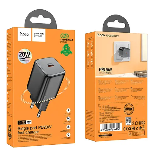 Мережевий зарядний пристрій Hoco N40 Mighty single port PD20W charger(EU) Чорний - фото 2