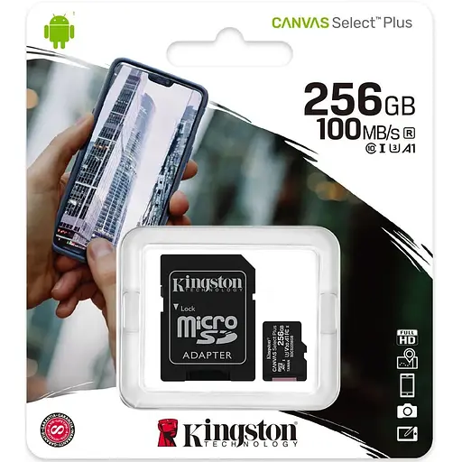 Карта памяти Kingston microSDXC 256GB Canvas Select Plus Class 10 UHS-I U3 V30 A1 + SD-адаптер (SDCS2/256GB)