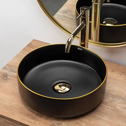 Умивальник Rea Sami black mat gold edge чорний REA-U0595, Чорний матовий - фото 4