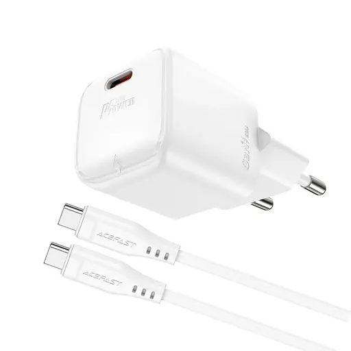 Мережевий зарядний пристрій з кабелем Acefast A73 mini PD20W GaN single USB-C charger set (C3-03) білий - фото 3