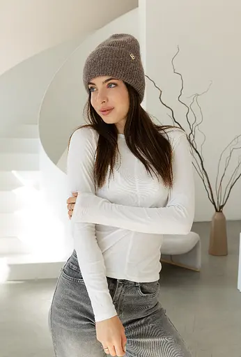 Теплая женская шапка Ангора Сердечко с флисовой подкладкой Коричневый - фото 2