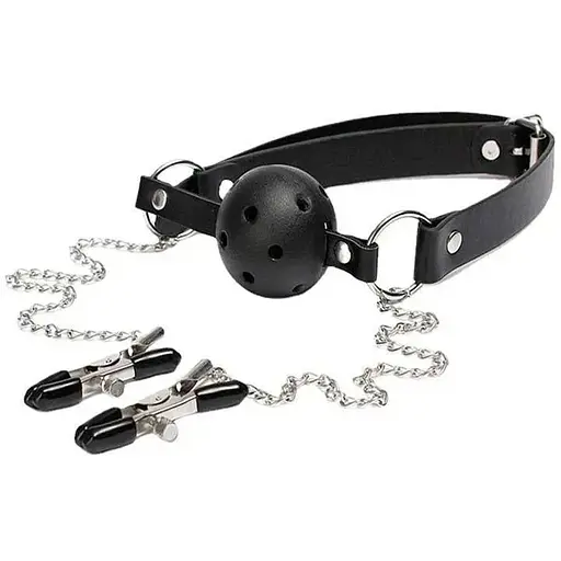 BDSM-аксессуар кляп с зажимами для сосков черный K000766