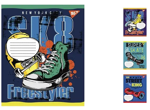 Зошити учнівські 12 аркушів клітинка. YES Skates, 25 шт. в упаковці