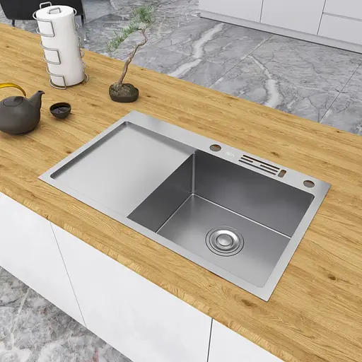 Кухонная мойка из нержавеющей стали с левым крылом 1.5 мм накладная Nett NS-7848(L), Нержавеющая сталь - фото 6