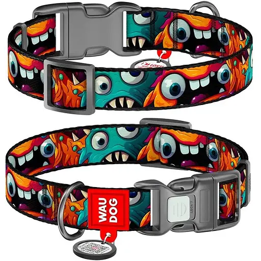 Нашийник для собак нейлоновий Waudog Nylon з QR адресником Зубасті монстри S 15х25-35 см - фото 1