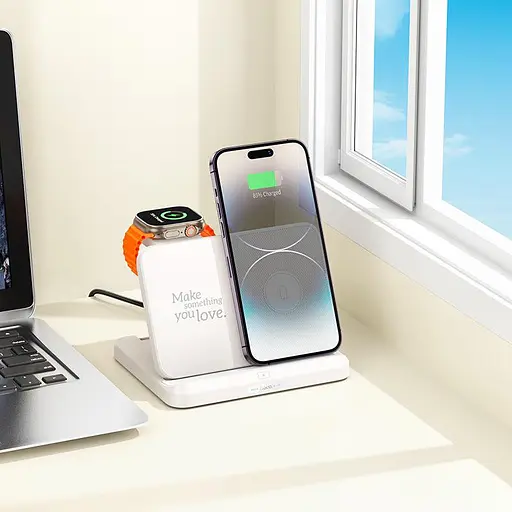 Бездротова зарядна — настільна підставка Hoco CQ7 Pass folding 3-в-1 (для смартфонів годинника та навушників) - фото 3